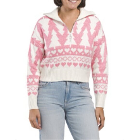 New‎ JESSICA SIMPSON Medium Pink White Fair Isle Cropped Sweater Pullover - Picture 1 of 7